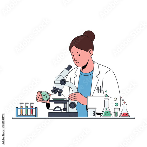 Scientist examining petri dish under microscope in laboratory with test tubes and flasks