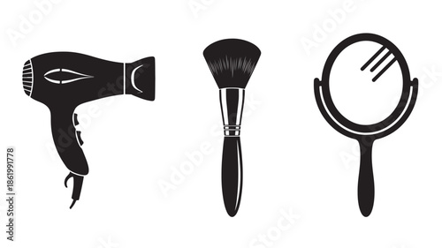Beauty Tools Set in Simple Flat Design with Black Silhouette on White Background for Salon Branding