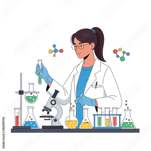 Female scientist in lab coat conducting experiment with microscope and test tubes