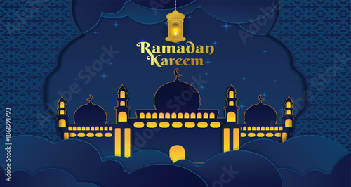 Ramadan Kareem Islamic background with mosque blue and gold color color
