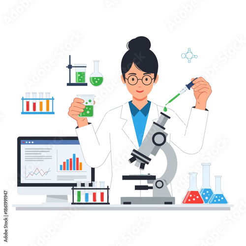 Scientist conducting experiment with microscope and test tubes, science research concept