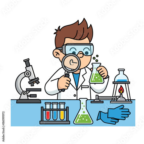 Young scientist examining liquid in flask with magnifying glass in laboratory