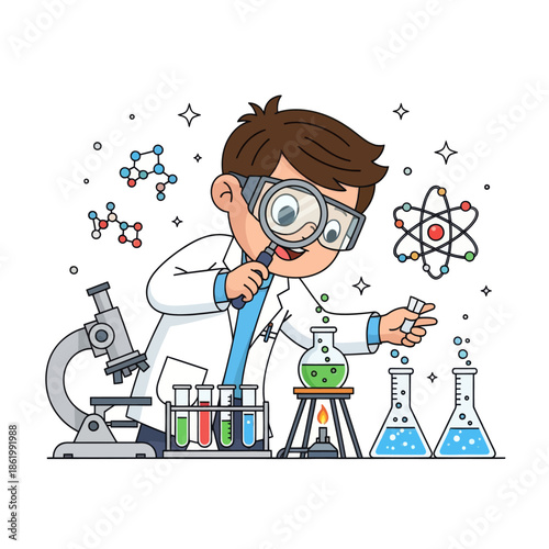 Young scientist boy with magnifying glass and microscope conducting experiment in laboratory, learning chemistry and science