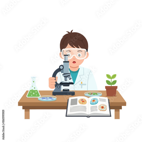 Young scientist examining cells under microscope, educational illustration