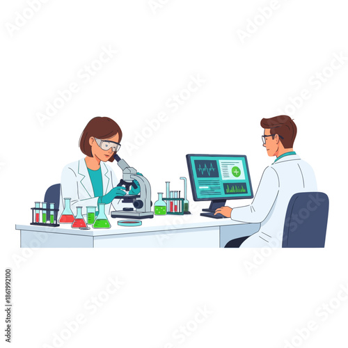 Scientist Couple Working in Laboratory with Microscope and Computer