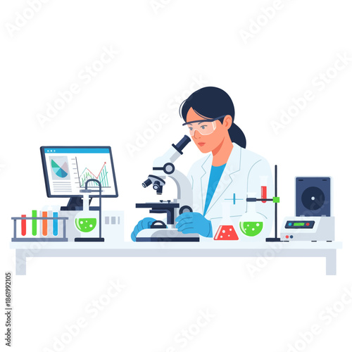 Scientist Examining Sample Under Microscope in Modern Laboratory with Computer Data
