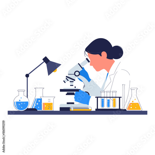 Scientist working with microscope and laboratory equipment, science research concept