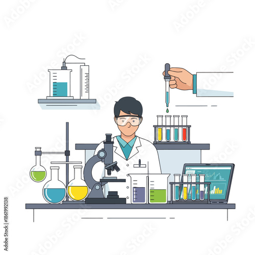 Scientist in Lab Coat Working with Microscope and Test Tubes, Scientific Research