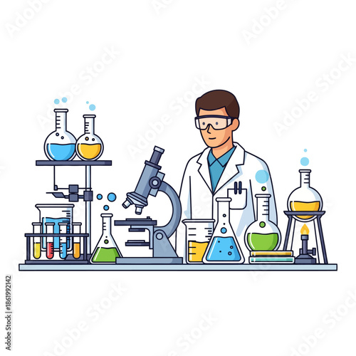 Scientist in Lab Coat with Microscope and Chemical Flasks, Science Research Concept