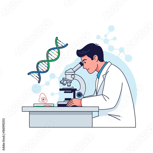 Scientist Examining DNA Helix with Microscope, Genetic Research and Biotechnology Concept