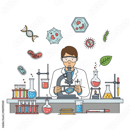 Scientist Using Microscope in Laboratory with DNA, Viruses, Bacteria and Cells