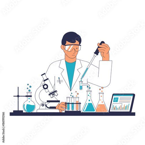 Scientist conducting experiment with microscope, test tubes, and beaker in lab