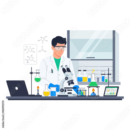 Scientist in lab coat with microscope and chemical formulas, modern laboratory research