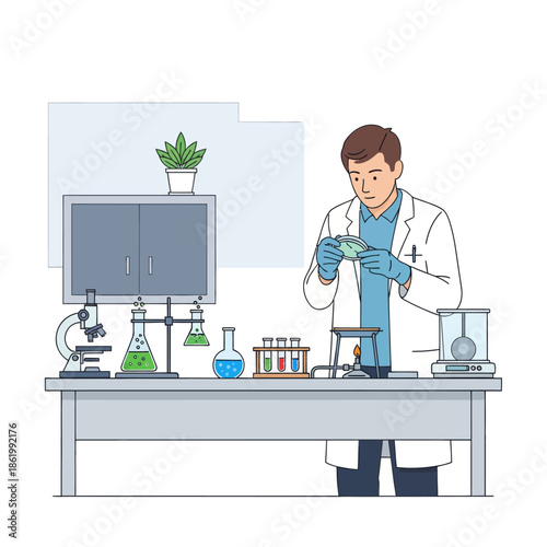 Scientist in lab coat examining petri dish with experiment, research laboratory setup