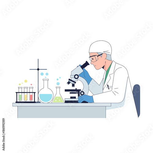 Scientist in lab coat using microscope with colorful test tubes and beakers on table, science research concept