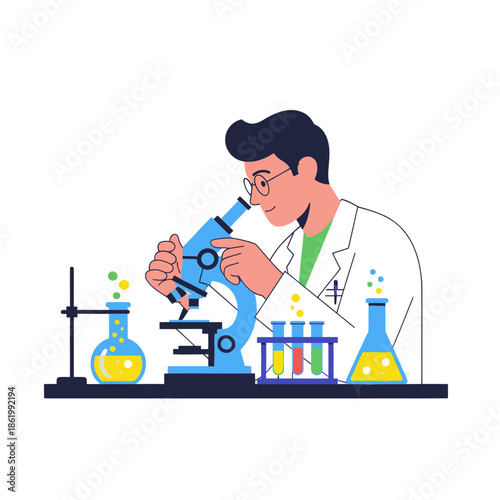 Scientist examining sample under microscope in lab with colorful liquids in beakers and test tubes