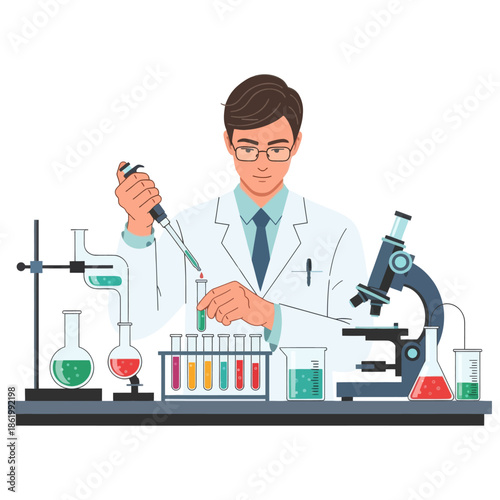 Scientist conducting experiment in laboratory with microscope and test tubes
