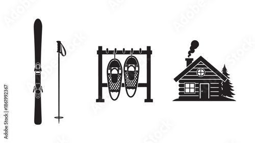 Skiing Equipment and Log Cabin in Simple Silhouette Style with Black Color on White Background for Winter Sports