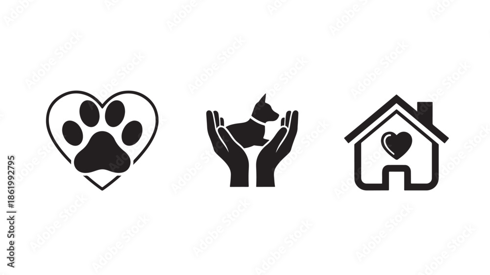 Fototapeta premium Animal Shelter Icons in Minimalist Style with Simple Black Design on White Background for Pet Adoption
