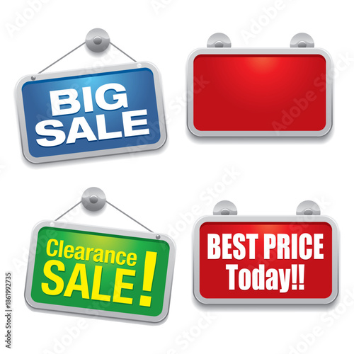 Set of hanging sale signs with big sale, clearance sale and best price today labels.
Perfect for store promotions, shopping ads, web banners, flyers, posters and retail marketing designs.