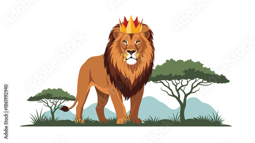 Majestic lion proudly wearing a golden crown, standing regally in a savanna landscape with two acacia trees and distant mountains under a clear sky.