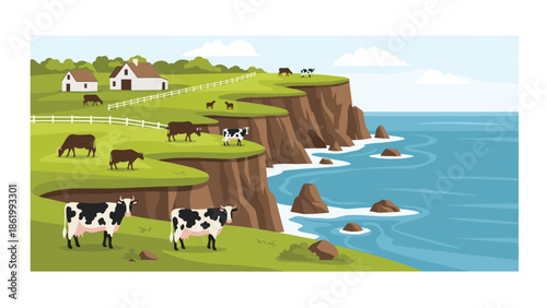 Idyllic coastal landscape featuring several cows grazing peacefully on lush green cliffs overlooking a serene blue ocean with a charming farmhouse in the distance.