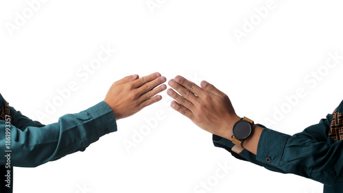 Two Asian men in traditional Muslim outfits performing an Eid greeting gesture. Hands meet respectfully, symbolizing forgiveness and celebration. Isolated on white background.