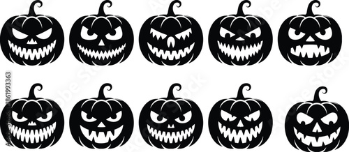 Set of scary Halloween pumpkin faces silhouettes in black, spooky jack o lantern expressions collection for horror design, posters, stickers, decorations, and party themes