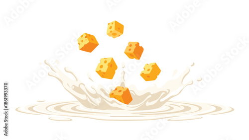 Delicious yellow cheese cubes dynamically splashing into a pool of creamy white milk, creating a fresh and appetizing dairy product scene.
