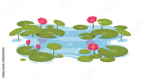 Tranquil pond with elegant pink water lilies blooming and lush green lily pads floating on the calm blue water, creating a serene natural habitat.