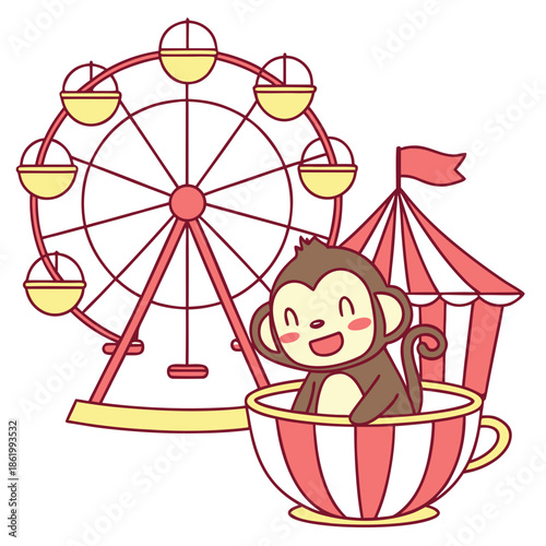 SVG art: A Cheerful Gorilla in a Carnival Nights vibe with in a teacup, tinted with Carnival Nights tones