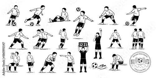 手描き線画で表現したサッカー人物ポーズ集、Hand Drawn Line Art Soccer Player Pose Collection