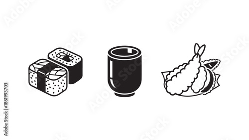 Japanese Cuisine Elements in Simple Line Art with Monochromatic Color on White Background for Food Blog