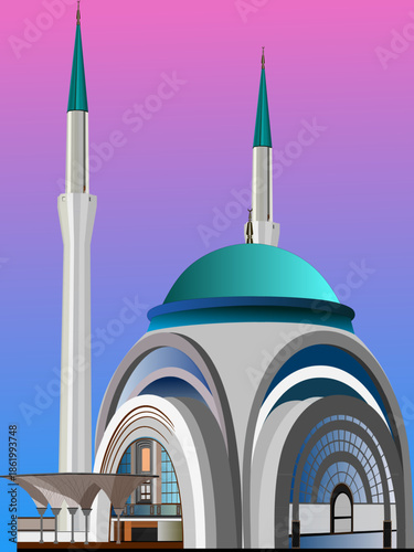 An elegant, futuristic mosque design with sleek domes, clean geometric lines, and sturdy minarets. A minimalist, stylish, and professional illustration suitable for posters and creative projects.