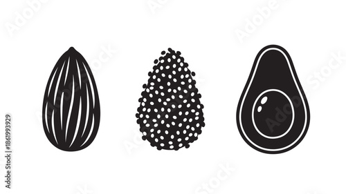 Avocado, Blackberry, and Vanilla Bean Illustrations in Minimalist Style with Monochromatic Color Scheme on White Background for Healthy Food Blog