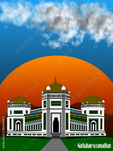 An elegant, futuristic mosque design with sleek domes, clean geometric lines, and sturdy minarets. A minimalist, stylish, and professional illustration suitable for posters and creative projects.