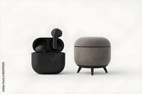 Product mockup of modern wireless earphones with a bonus capsule-shaped Bluetooth speaker on support legs, minimalist aesthetic design, unbranded, solid background