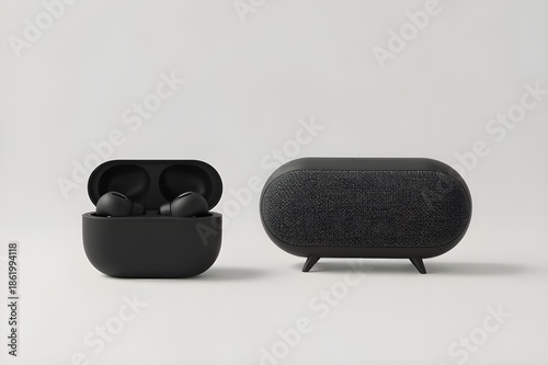 Product mockup of modern wireless earphones with a bonus capsule-shaped Bluetooth speaker on support legs, minimalist aesthetic design, unbranded, solid background