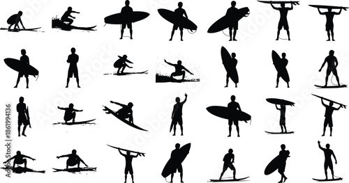 Surfer silhouette collection, surfing poses and maneuvers, wave riding stances, black vector artwork, cad drawing flat vector illustration
