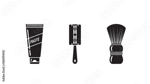 Shaving kit with paste, razor, and brush in minimalist black illustration on white background for grooming advertisement