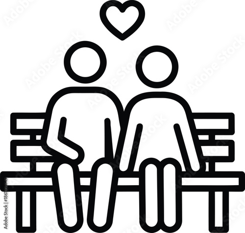 A couple sitting on a bench with a heart icon, symbolizing love and companionship