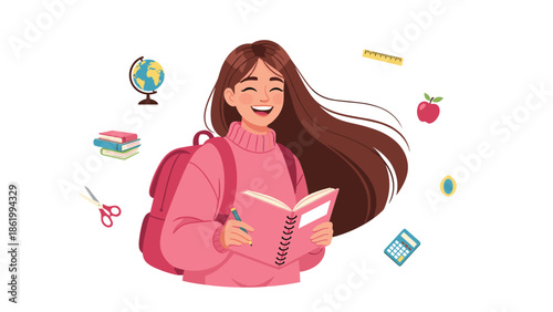 Cheerful female student with a pink backpack, happily holding a notebook and surrounded by various school supplies, symbolizing learning and education.