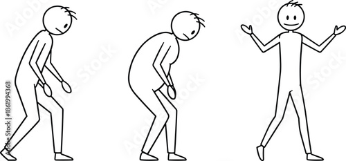 Stick figure emotions, posture change, emotional recovery, happy figure, sad figure, transformation concept, mental health, vector illustration, cad drawing flat vector illustration