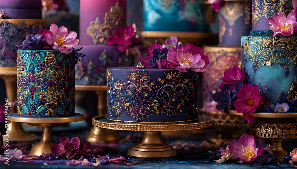 Obraz premium Decadent cakes with intricate purple and gold design work, surrounded by vibrant pink and blue hues, are perfectly captured in this mesmerizing visual spectacle of colorful, golden