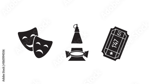 Theater masks and ticket in simple flat design with bold black lines on white background for entertainment industry