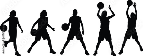 Basketball player action sequence silhouette illustration showing dribbling passing and shooting poses isolated on white background for sports training design