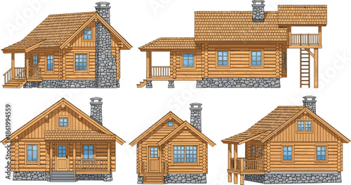 Log cabin architecture collection, rustic wooden house design, stone chimney porch layout, black vector scene, cad drawing flat vector