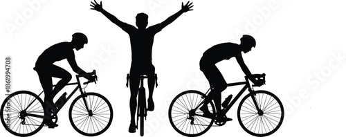 Cycling silhouettes showing road bike riding and victory celebration poses, dynamic cyclist action for sports design, fitness branding, and motion graphics