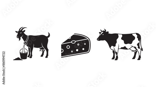 Goat and Cow with Cheese in Simple Monochrome Silhouette for Dairy Products