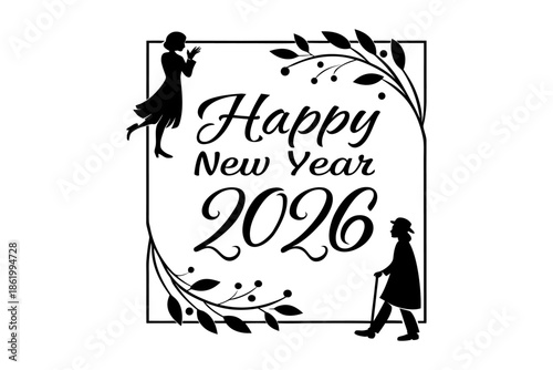 Happy new year 2026 celebration with silhouette figures Vector